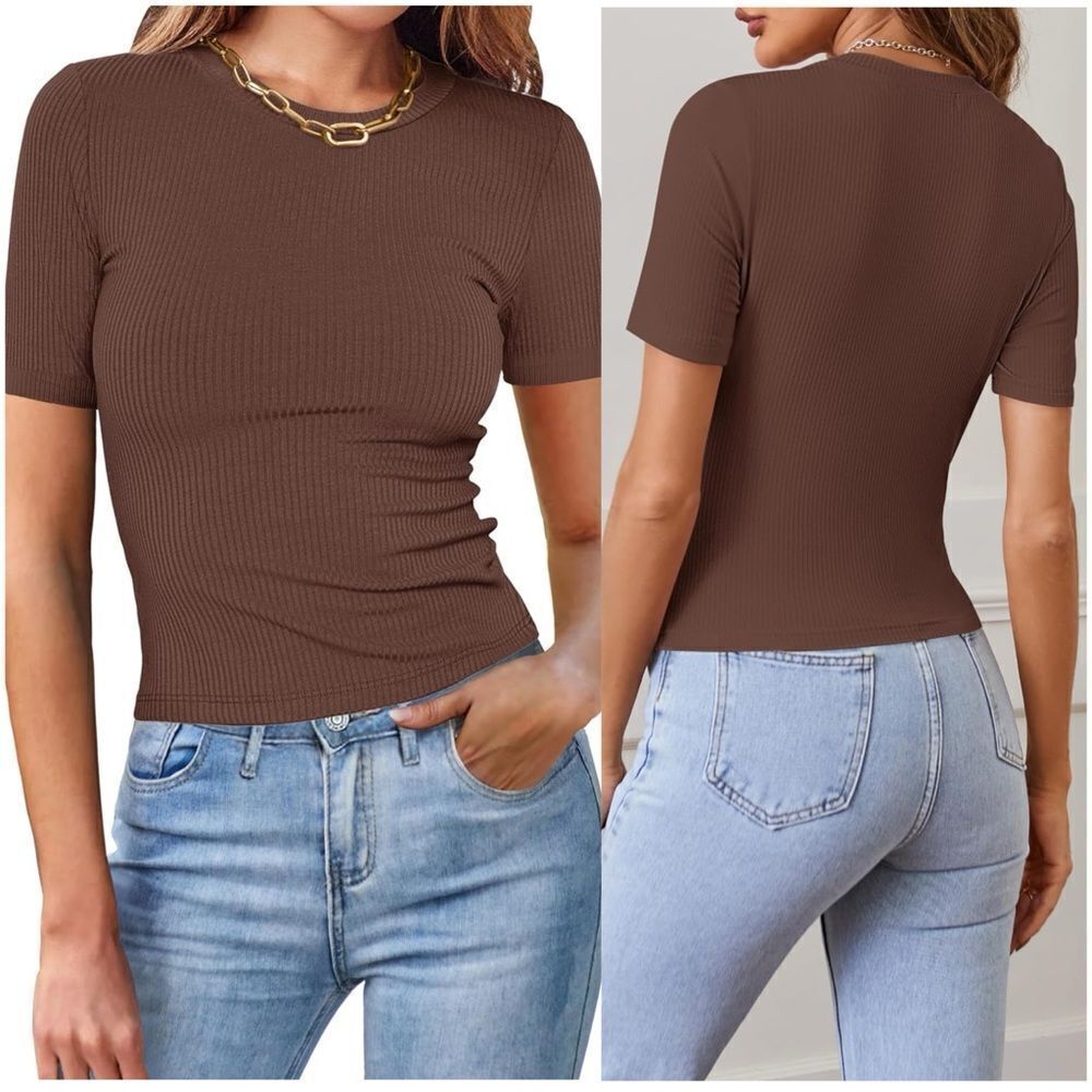 NWT MEROKEETY Women's Short Sleeve Crew Neck Top Tshirt Ribbed Knit Medium